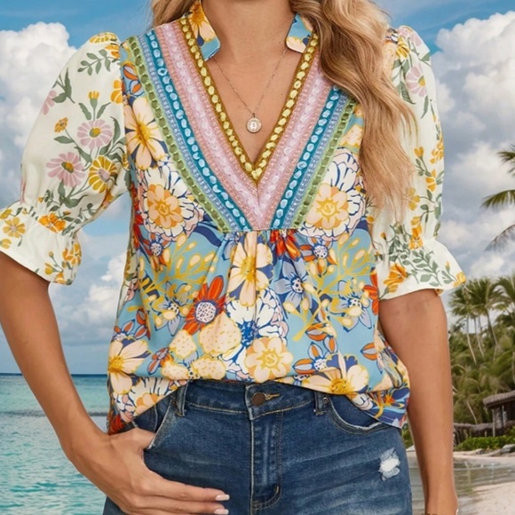 Boho Floral Print V neck Puff Sleeve Blouse - Picture 1 of 5